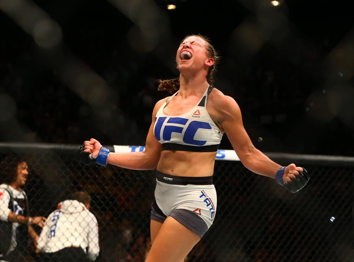 March 5, 2016; Las Vegas, NV, USA; Miesha Tate celebrates her victory by submission against Holly Holm (not pictured) during UFC 196 at MGM Grand Garden Arena.